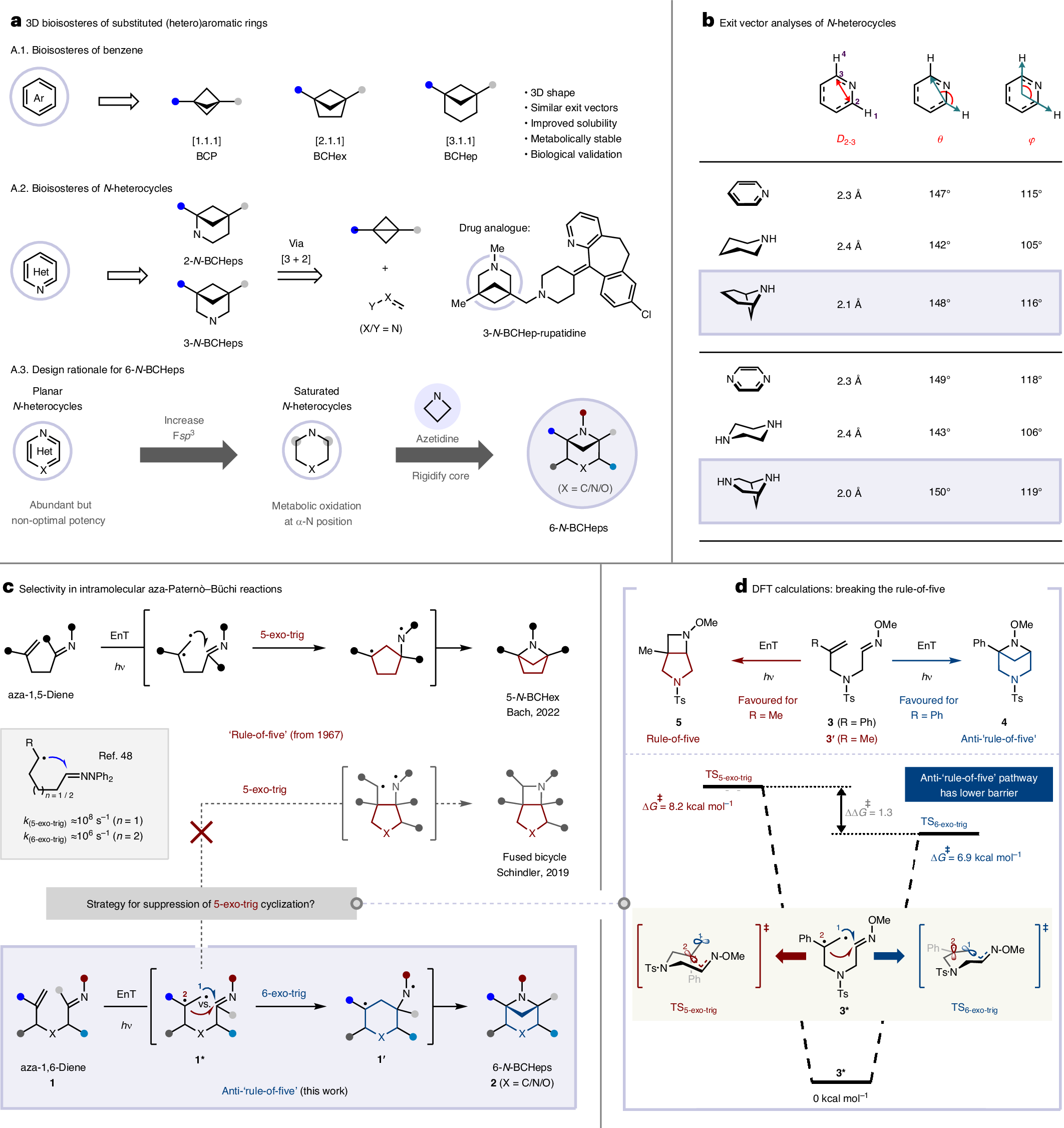 Fig. 1: Three-dimensional scaffold mimetics of heteroaromatic rings, showing state of the art and reaction design using anti-rule-of-five intramolecular aza-Paternò–Büchi reaction.