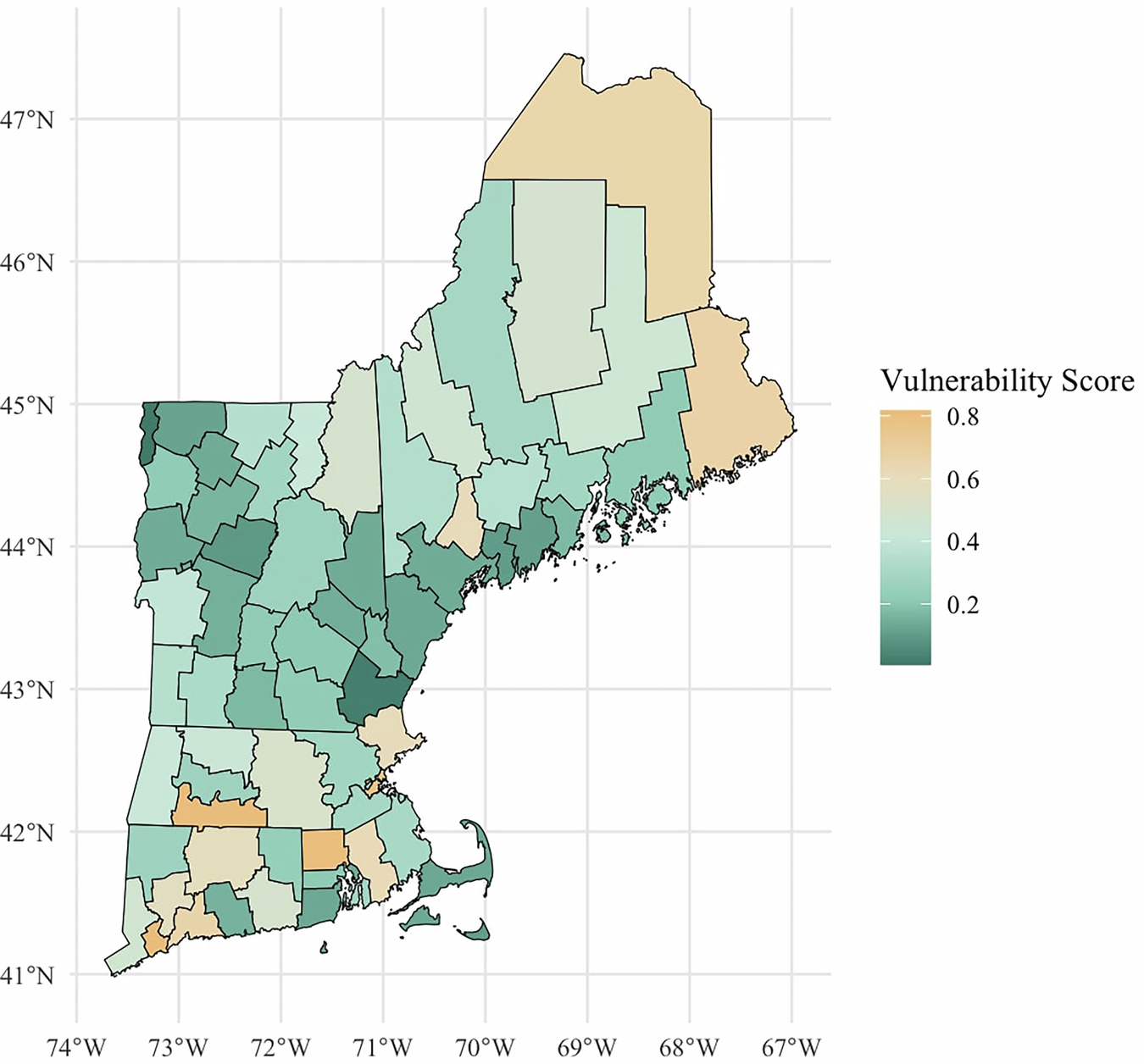 Fig. 1: Vulnerability scores in New England states by county.