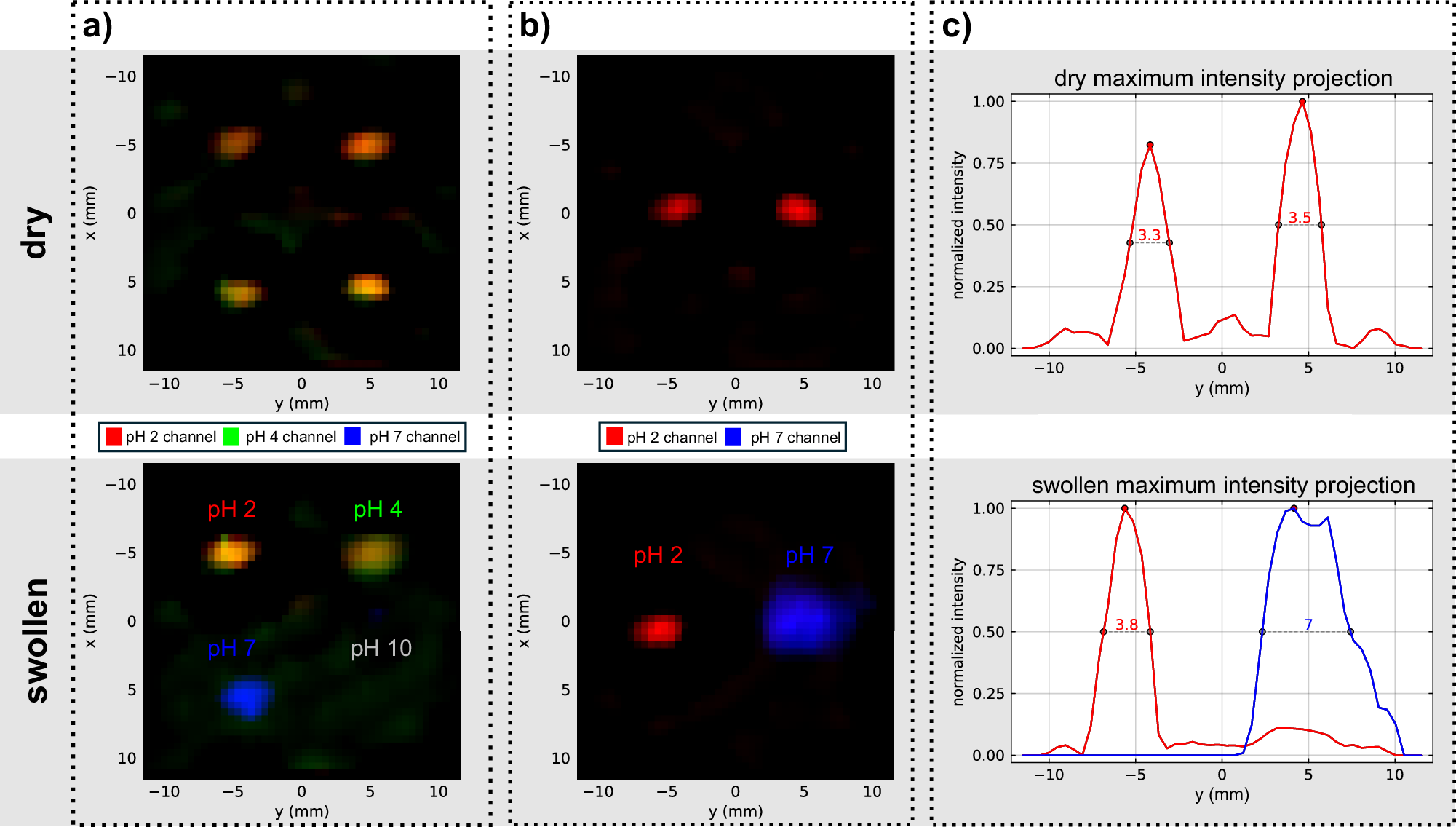 Fig. 5: Reconstructed images of performed magnetic particle imaging measurements of magnetic hydrogels in different pH solutions.