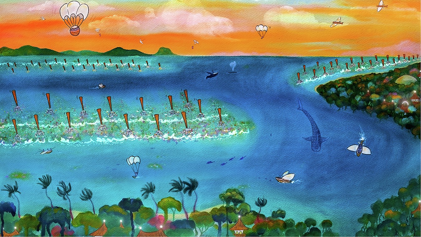 Fig. 3: Artistic representation of The Bay Revolution, where a cluster of AetherReefs combine renewable energy generation with the creation of suitable artificial habitats for coral reef settlement and restoration.