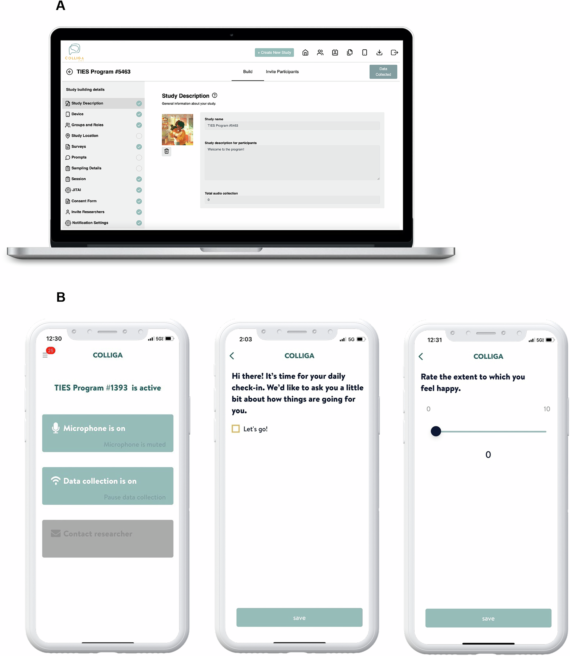 Fig. 2: Screenshots of the Colliga App used to collect data.