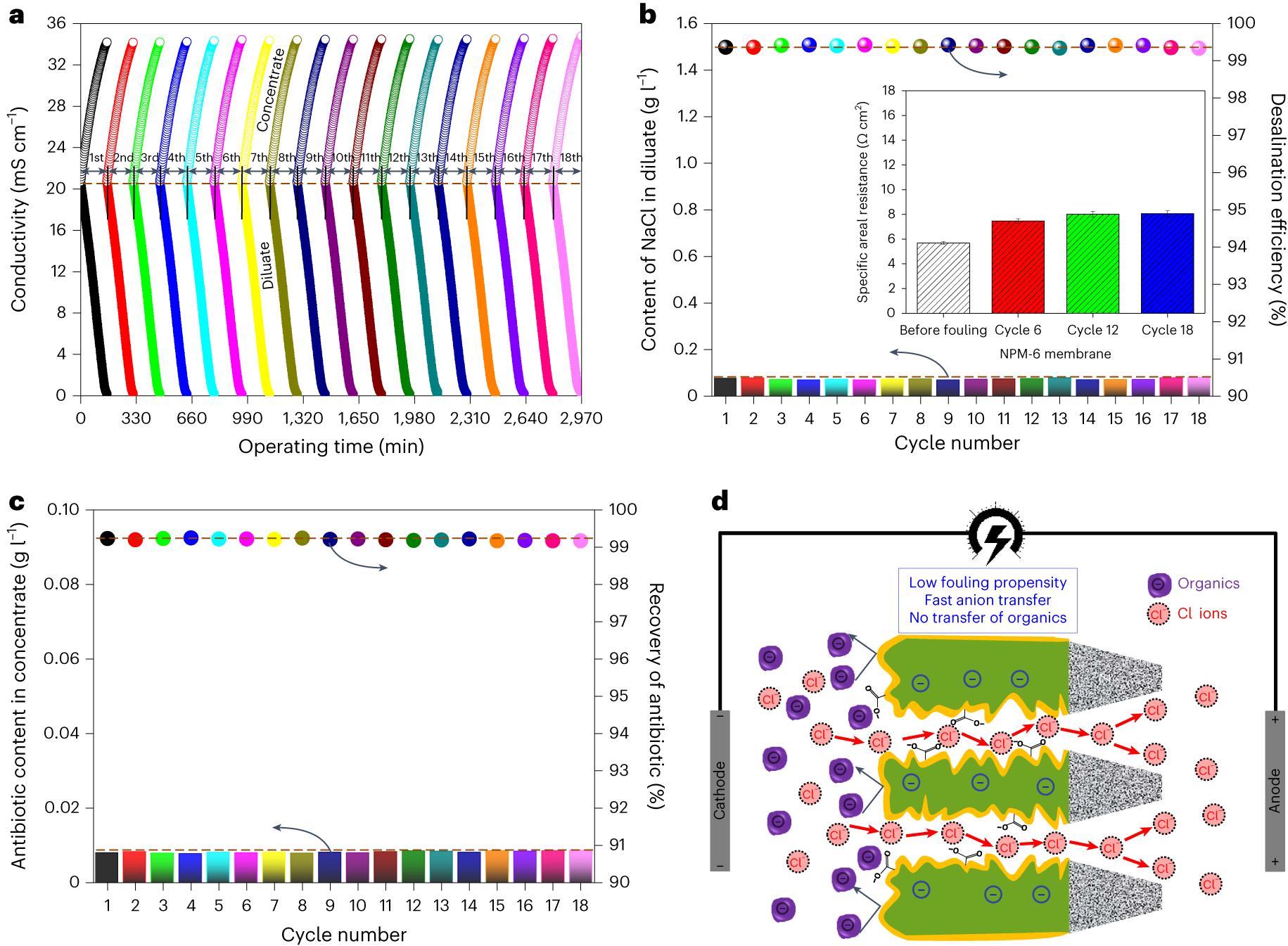 Fig. 5: Eighteen-cycle electrodialytic separation process using the NPM-6 membrane as ACM for fractionation of the ceftriaxone sodium/NaCl mixed solution (salinity ~12 g l−1 NaCl).