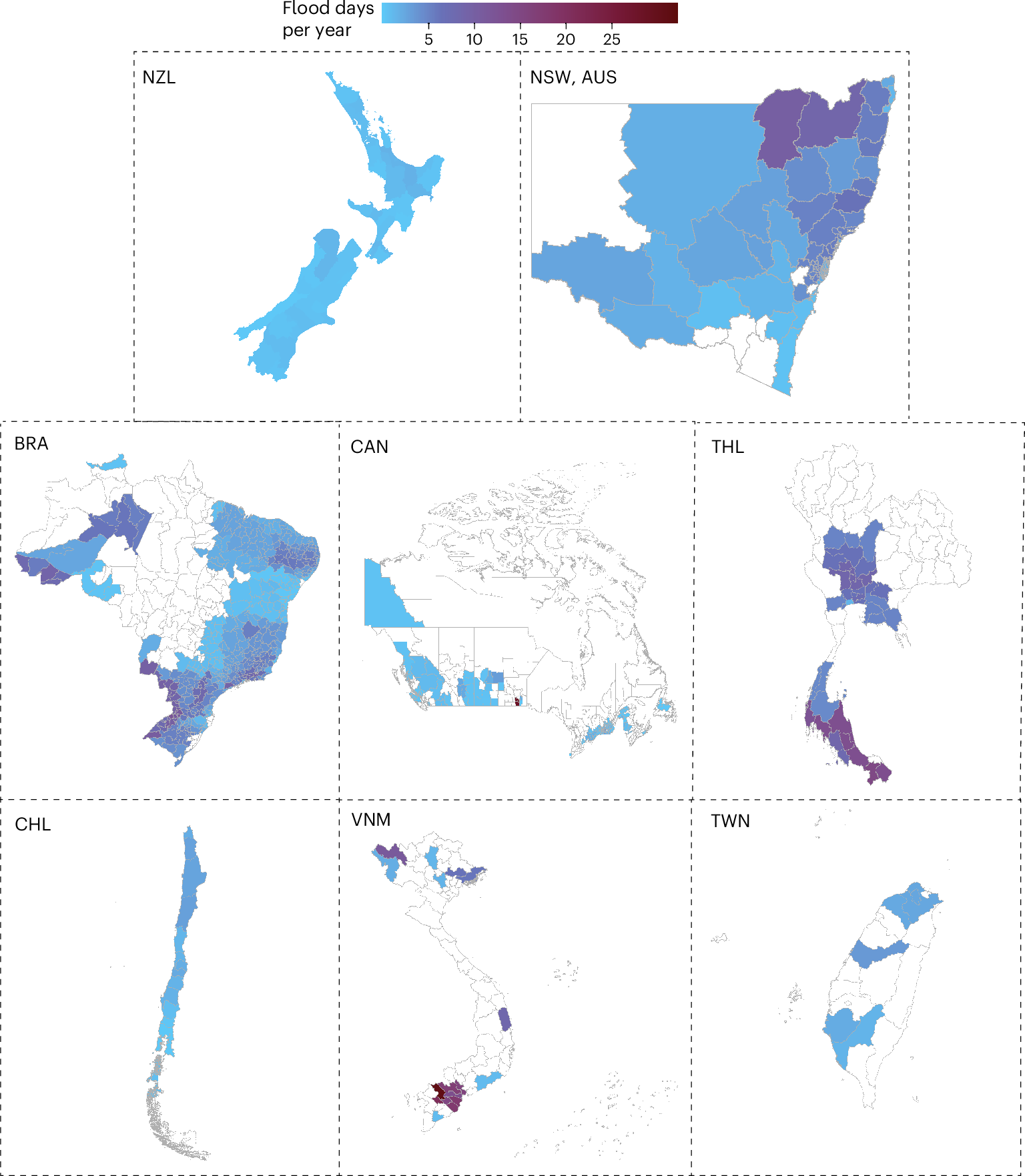 Fig. 1: Annual flood days of the included communities during the study period.