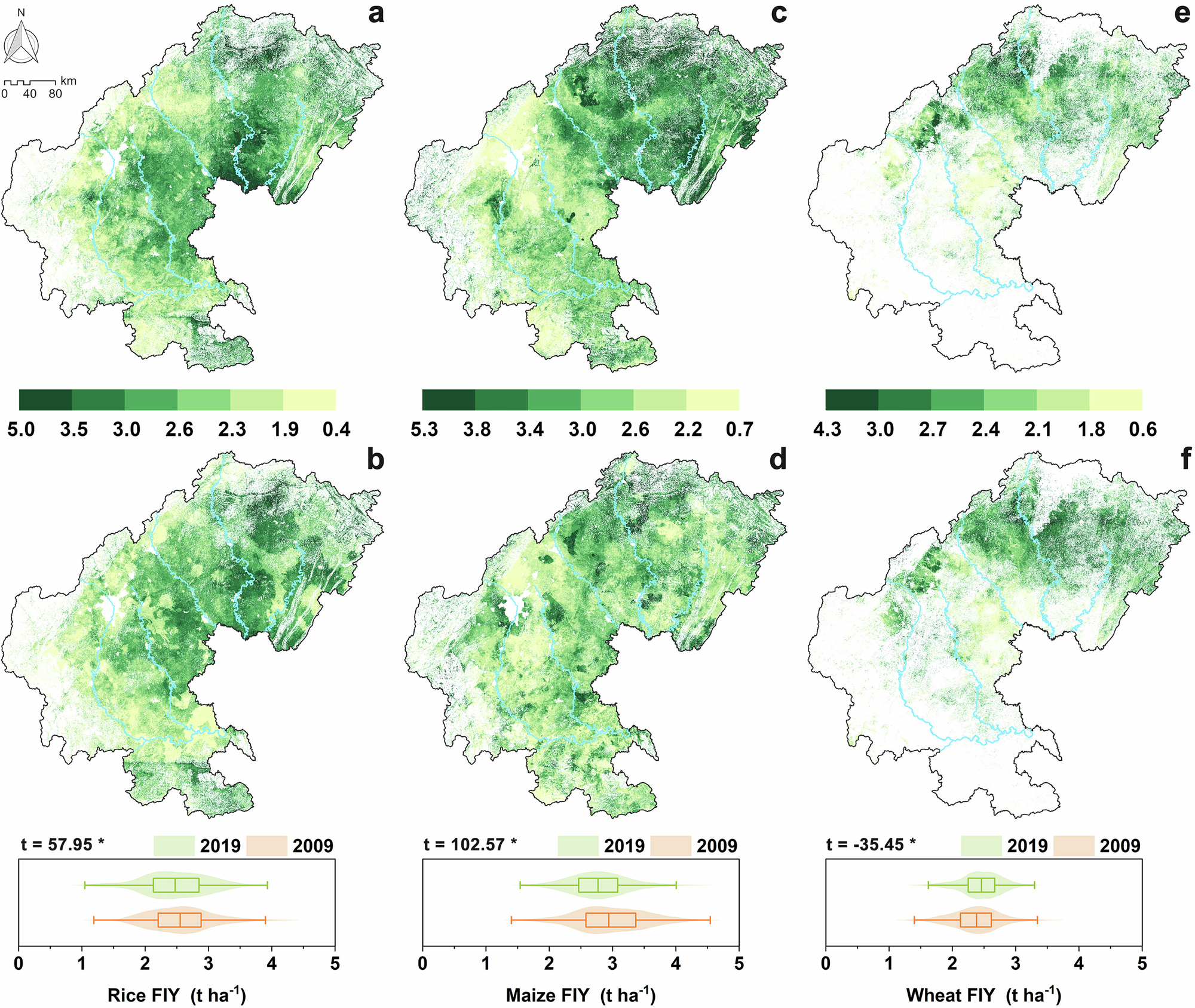 Fig. 3: Spatial distributions of the crop fertilizer increased yield (FIY) from 2009 to 2019 in SW China.
