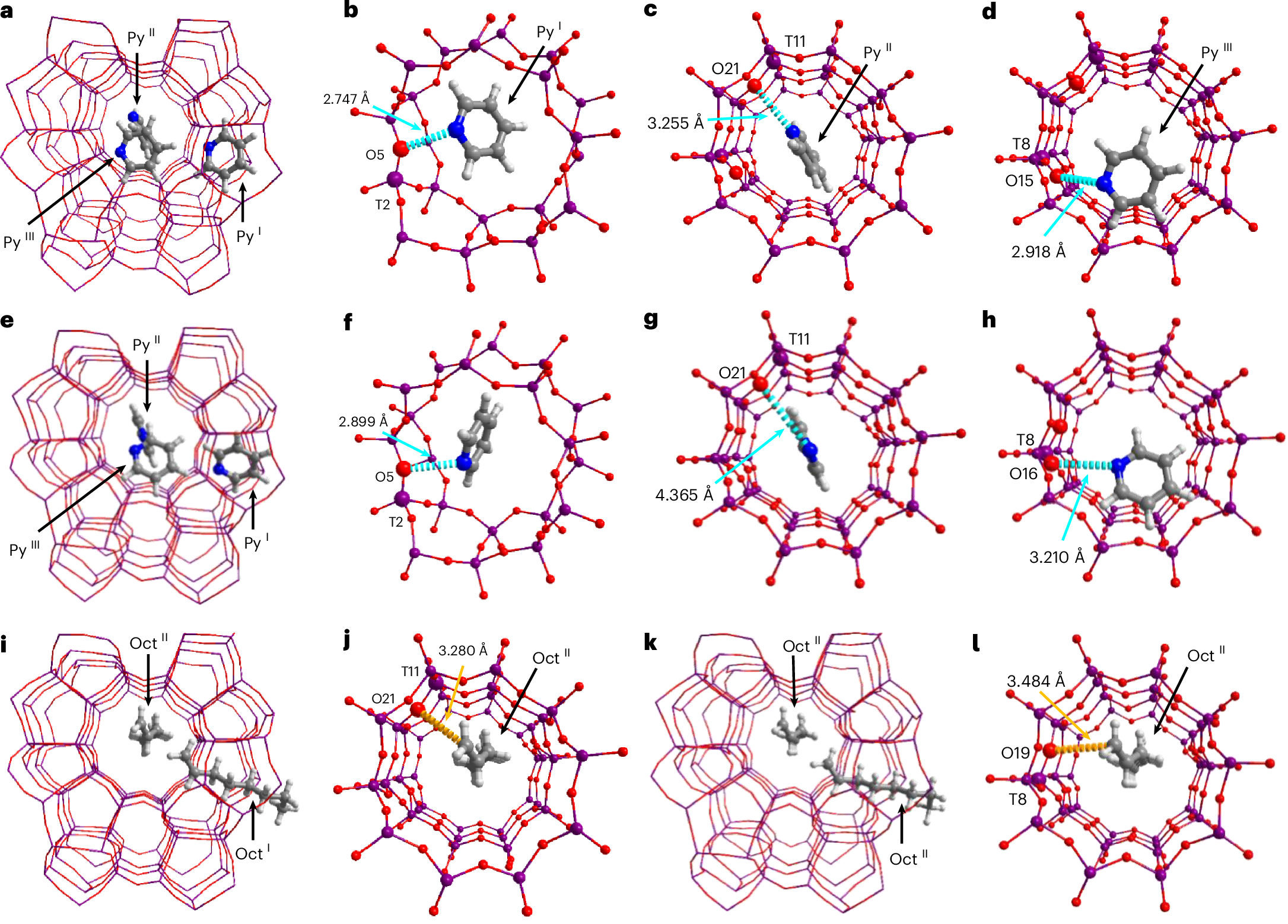 Fig. 4: Views of crystal structures of pyridine-d5 or octene-loaded zeolites.