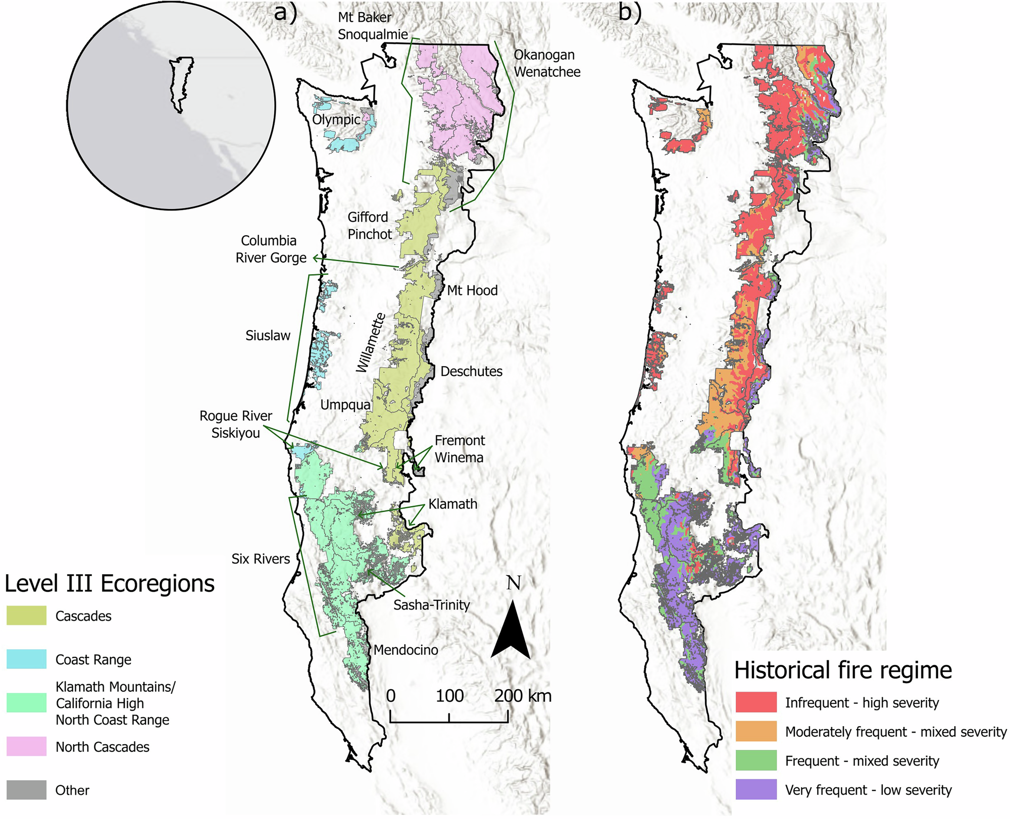 Fig. 1: Location of the Northwest Forest Plan study area in the western United States, and the national forests within it.