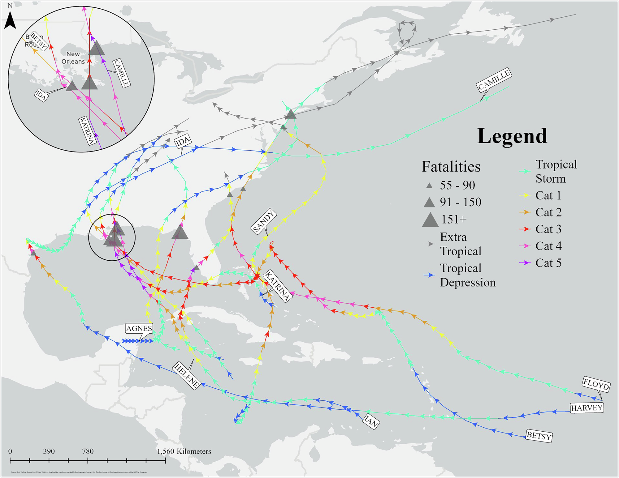 Fig. 5: TC tracks and landfall locations for the top 10 deadliest TCs.