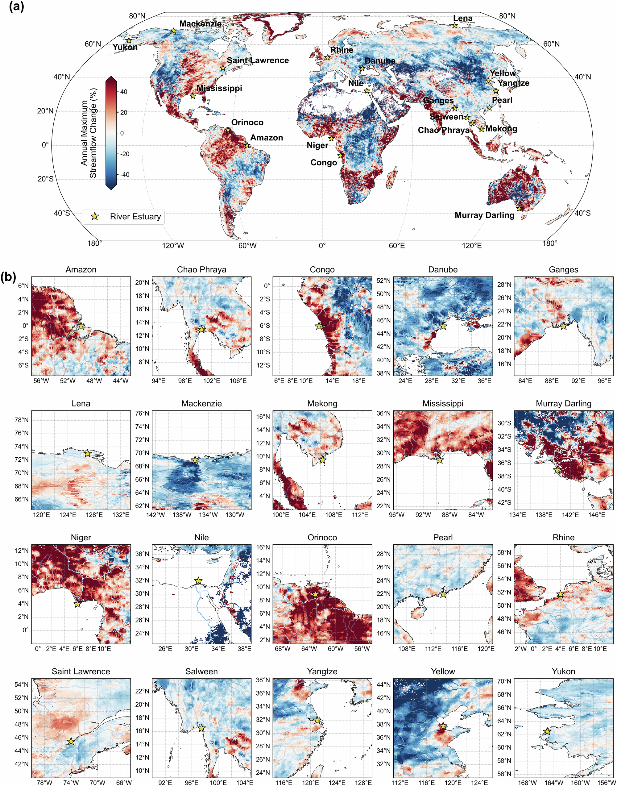Fig. 4: Spatiotemporal trends in global annual maximum streamflow from 1955 to 2024.