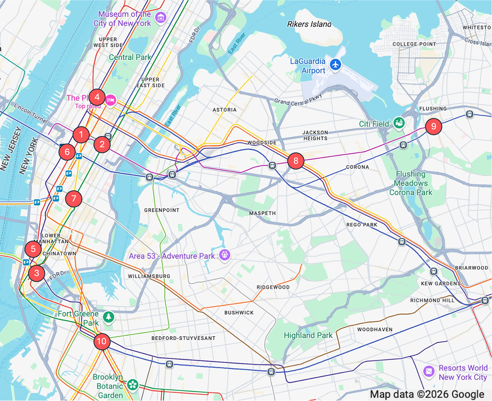 Fig. 1: Ten strategically selected NYC subway stations span three boroughs to ensure spatial and functional diversity.