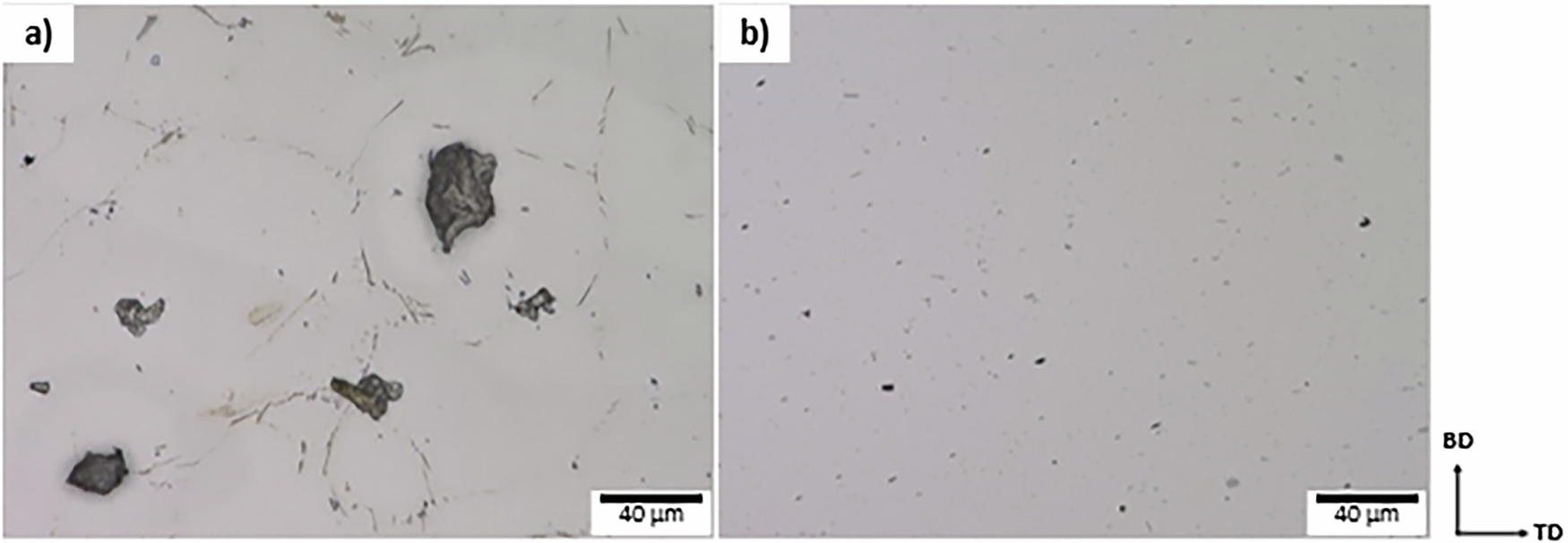 Fig. 7: Representative optical micrographs of cross sections of the cast feedstock and TR-AFSD deposit.