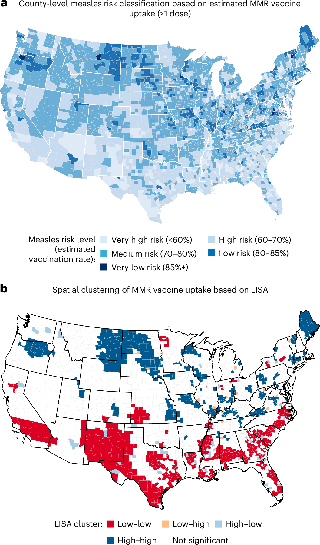 Fig. 1: County-level estimates of MMR vaccine uptake and spatial clustering among US children under age 5.