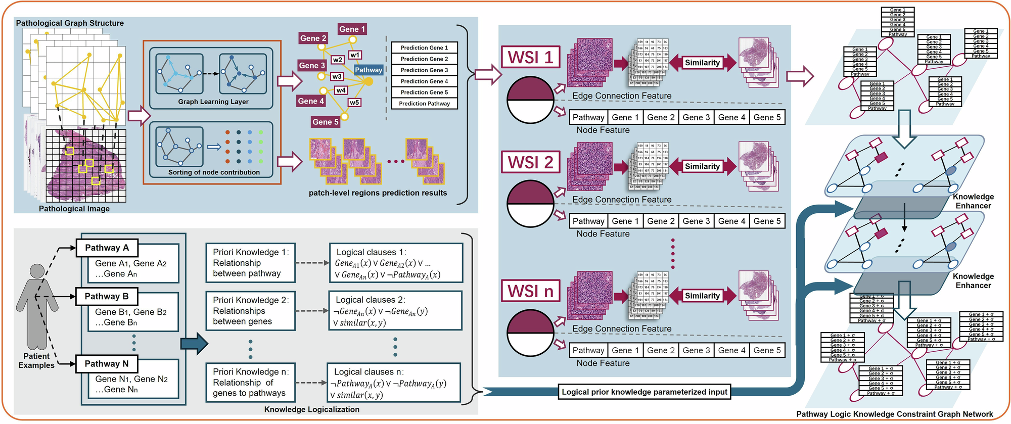 Fig. 1: Logic-constrained framework for pathway analysis from whole-slide pathology images.