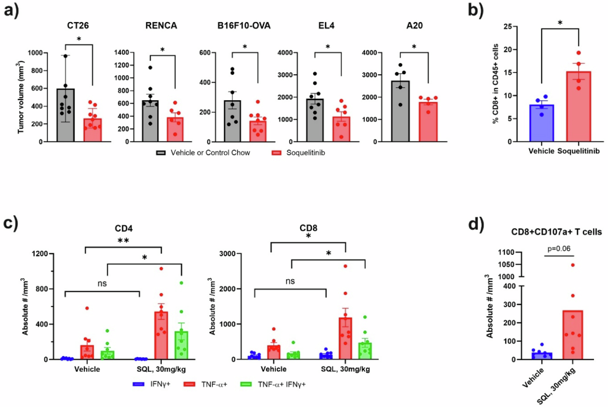 Fig. 5: Soquelitinib inhibits tumor growth and enhances cytolytic capacity of tumor-infiltrating T cells.