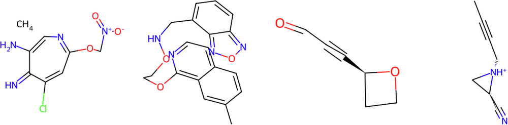 Fig. 4: 2D graph representations of example molecules generated from the GEOM-Drugs241 (left two) and QM9239 (right two) datasets.
