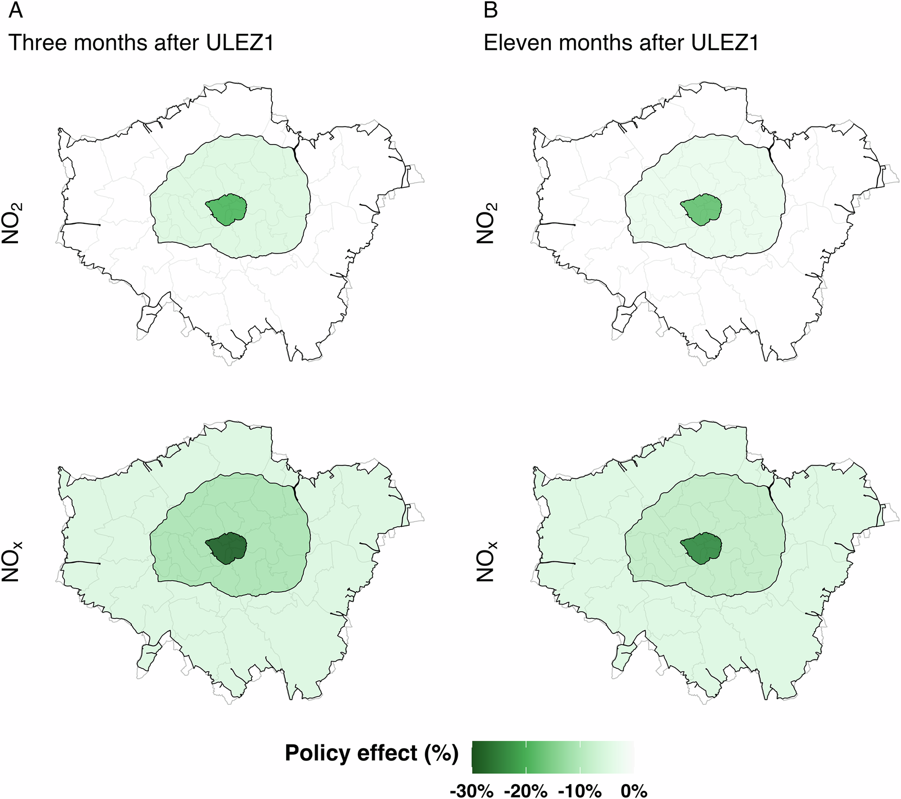 Fig. 4: ULEZ1 implementation and spillover effects on NO2 and NOx in London.