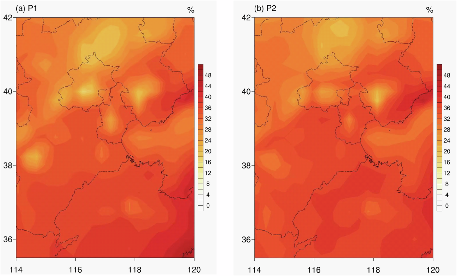 Fig. 7: Simulated contribution of N2O5 heterogenous hydrolysis pathway to nitrate formation by GEOS-Chem.
