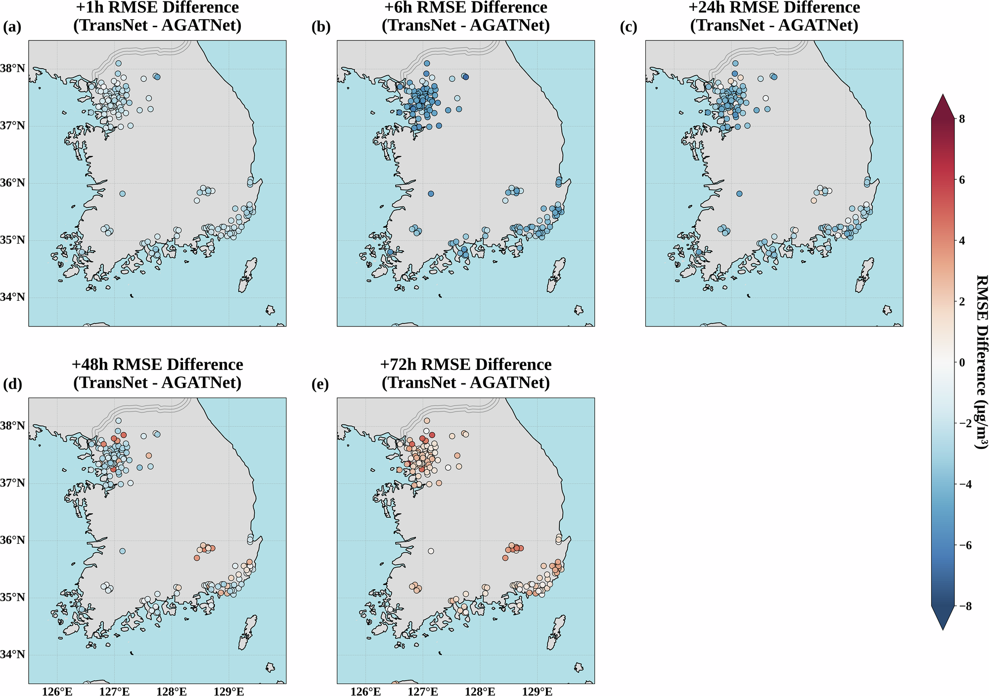 Fig. 3: Spatial distribution of RMSE differences (TransNet - AGATNet) at 170 stations across South Korea.