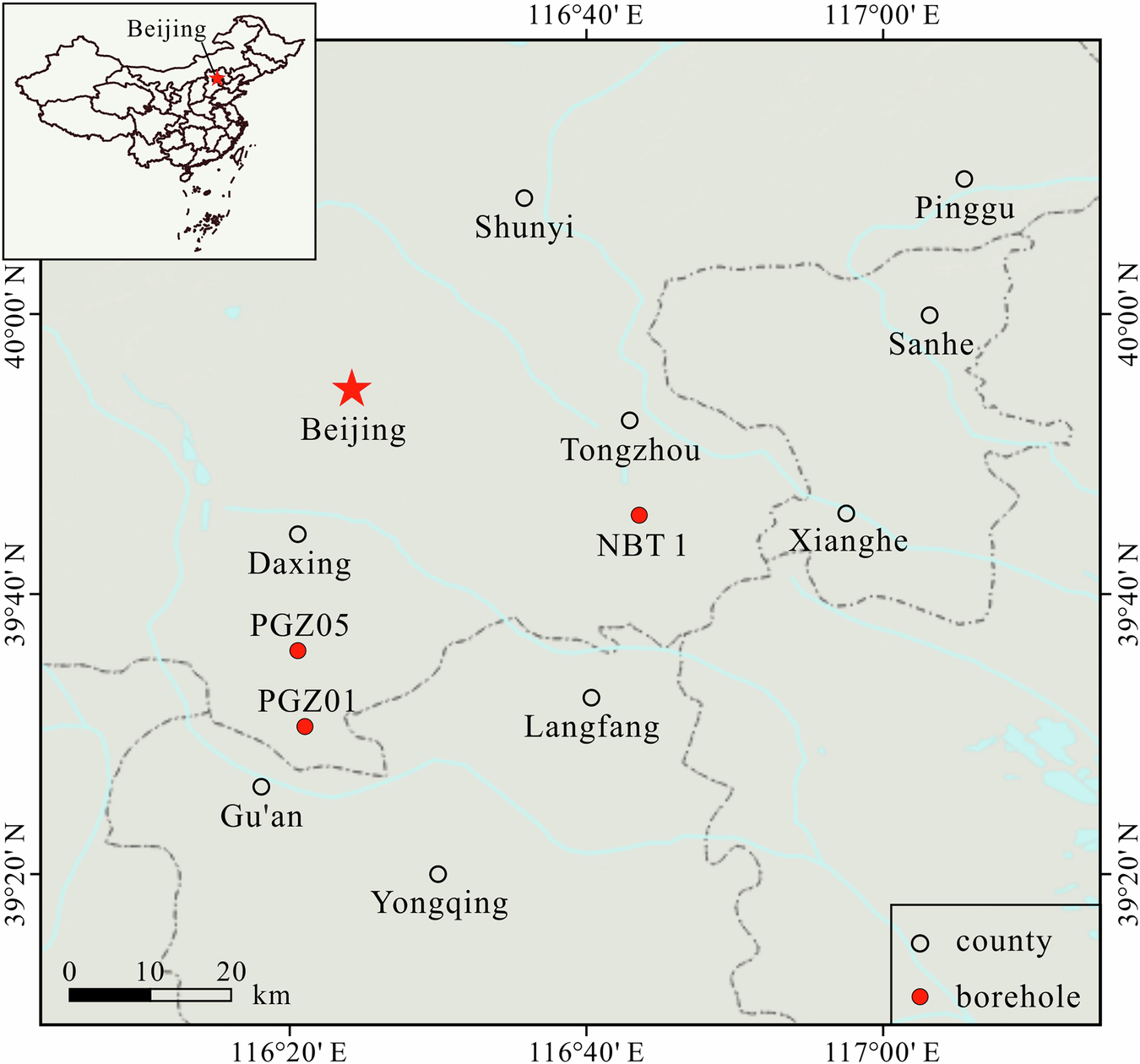 Fig. 2: The locations of boreholes PGZ01, PGZ05 and NBT 1 in the Beijing Plain.