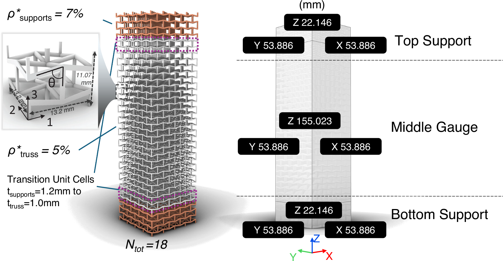 Fig. 1: Auxetic bowtie unit cell assembled into column geometry.