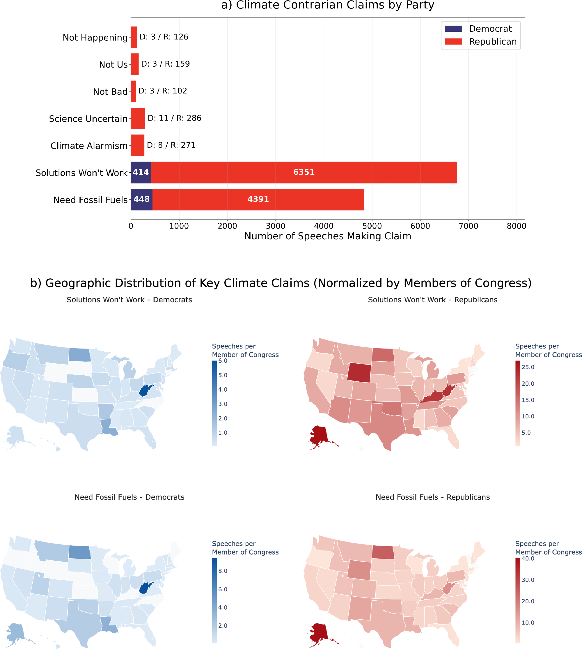 Fig. 3: Partisan differences in climate contrarian claims and their geographic distribution across US Congressional speeches, 1994–2023.