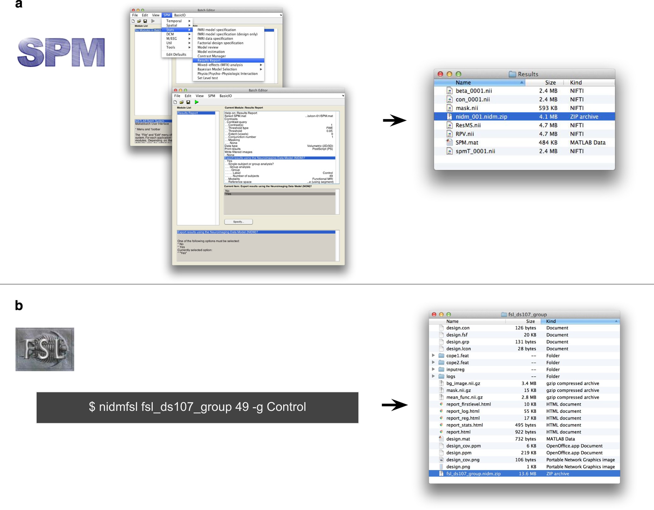 Figure 3: NIDM-Results export in SPM12 (a) and FSL v5.0 (b).