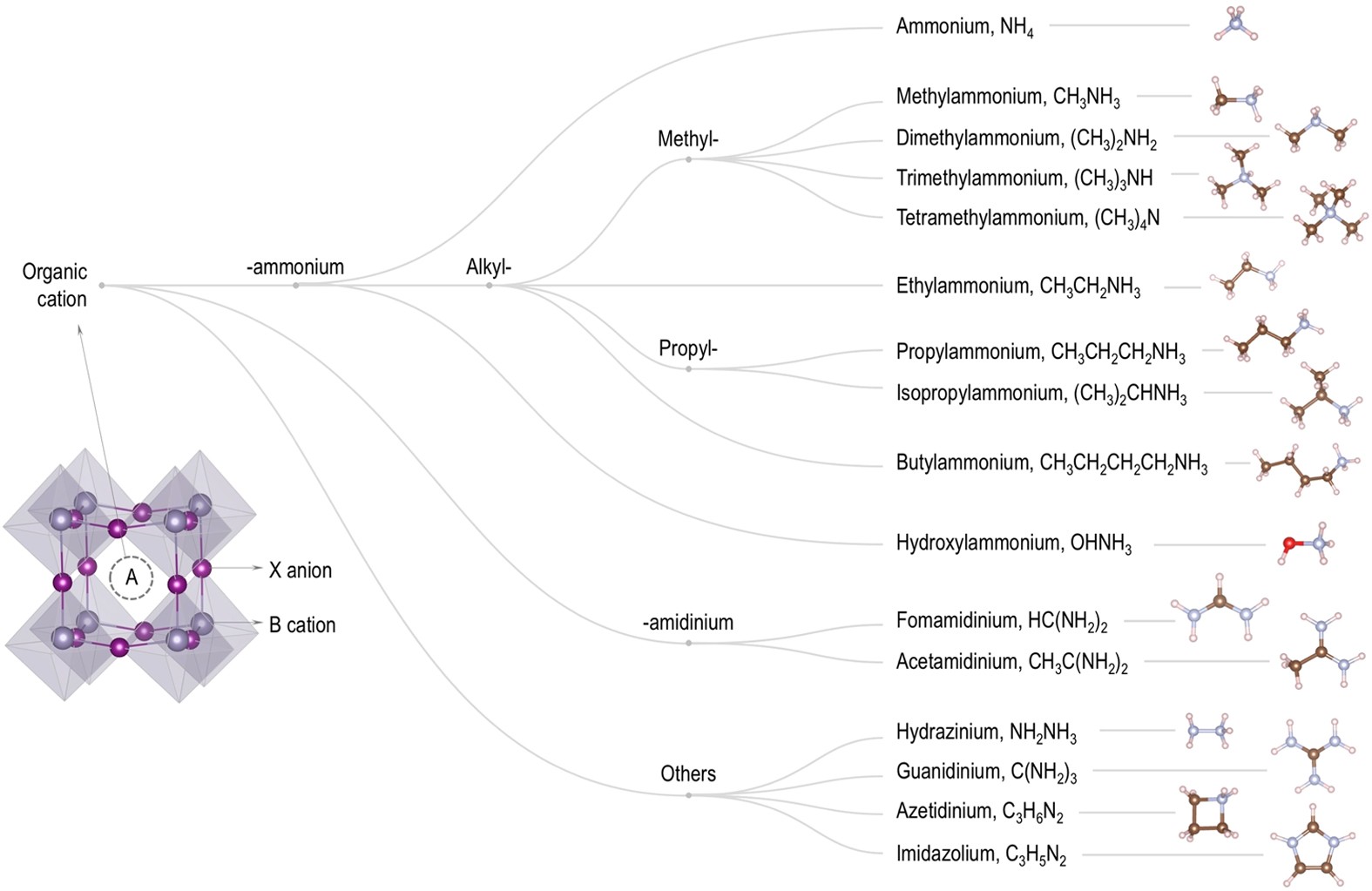Figure 2: Ball and stick representations of 16 organic cations considered in the HOIP dataset.