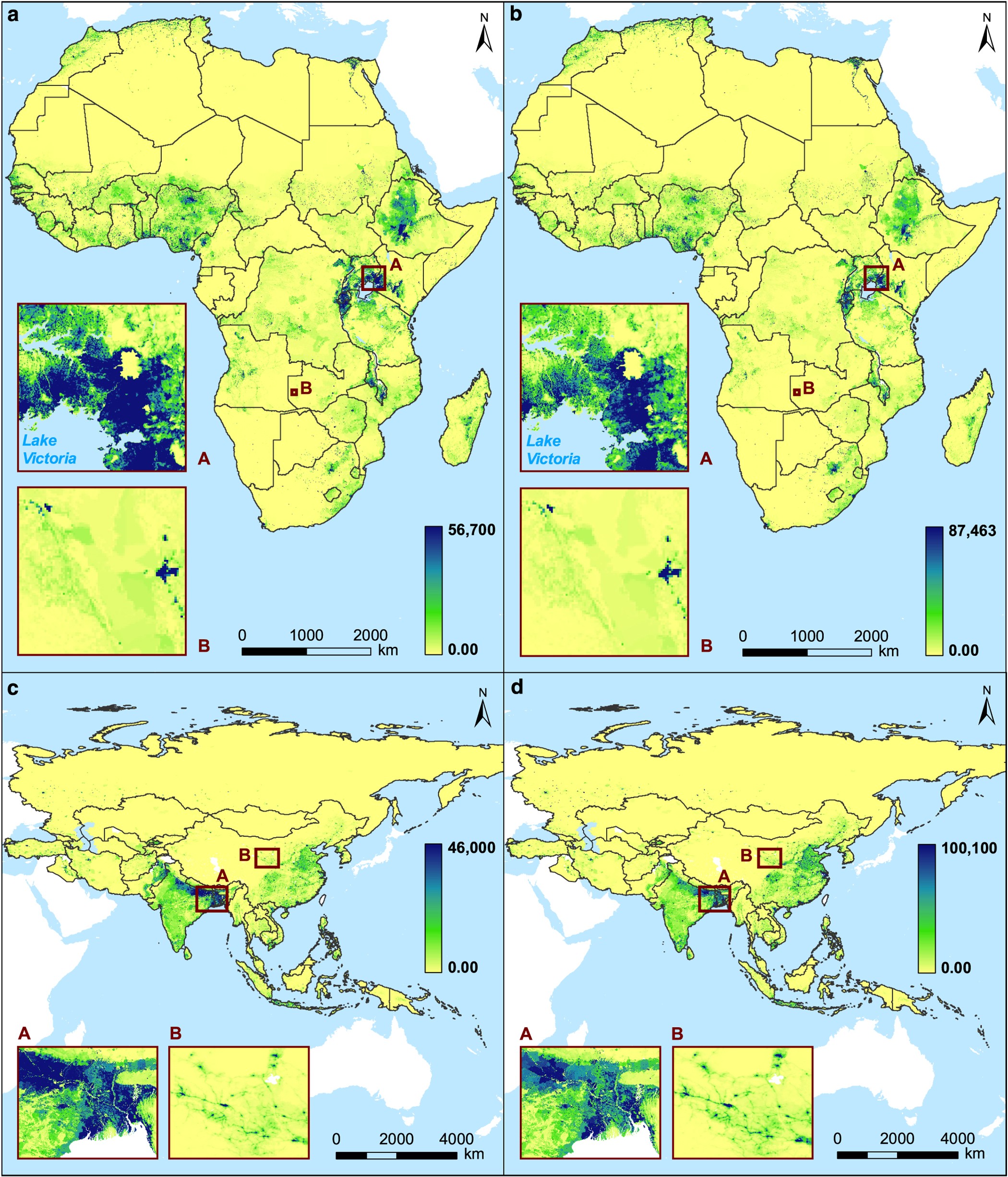 Figure 3: Circa 2010 High-resolution gridded population distribution presenting age structures for mainland Africa and Madagascar and the Asian region.