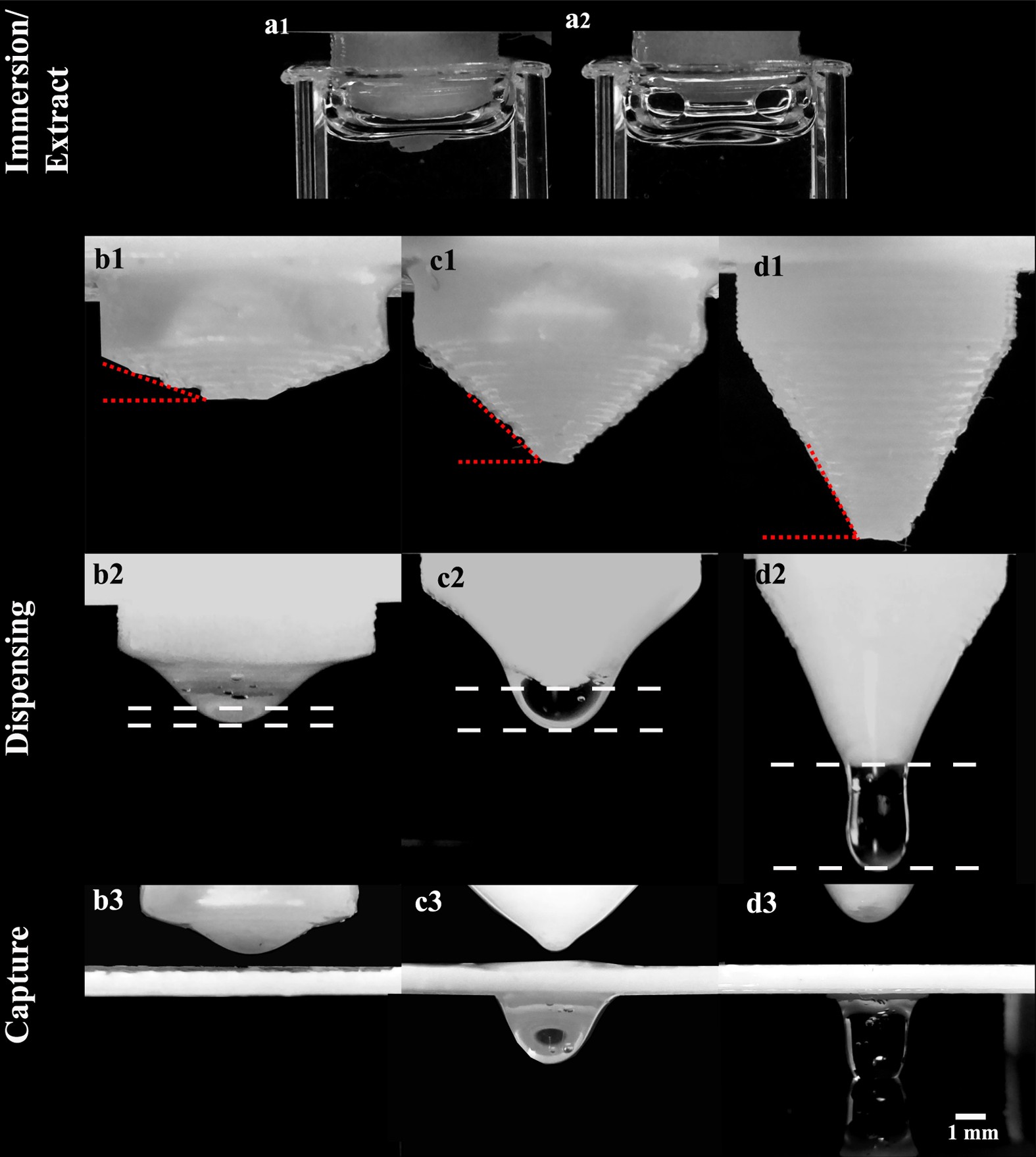 Figure 1: Immersion/extract, dispensing, capturing single silicone droplet using the proposed 3D substrates.