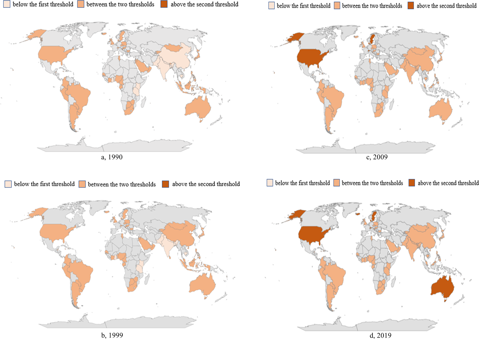 Fig. 8: Spatial distribution of countries within different threshold intervals in 1990, 1999, 2009, 2019.