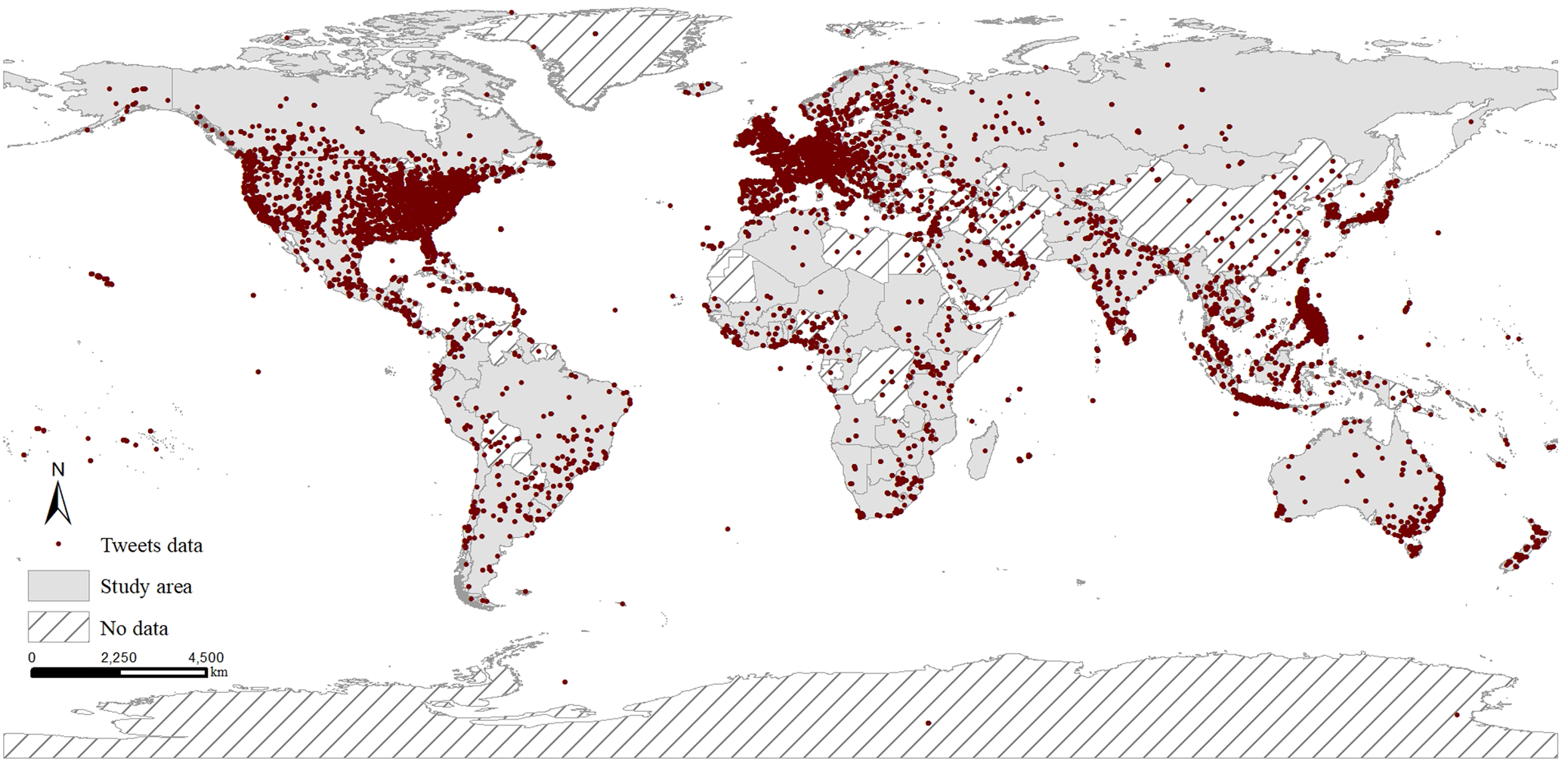 Fig. 2: Distribution of collected tweets and the study area in the attribution analysis.