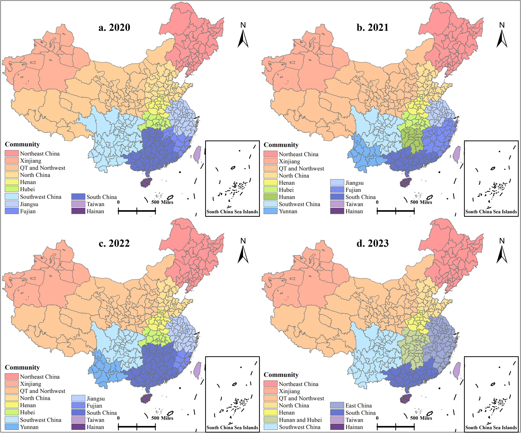 Fig. 9: Evolution of city network community structure in China.