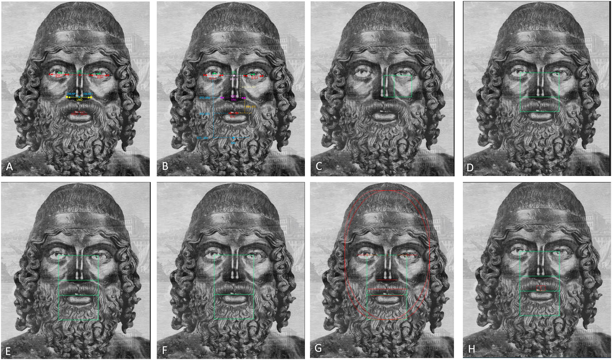 Fig. 5: Representation of the experimental evaluations on the official front photograph of the Statue A.