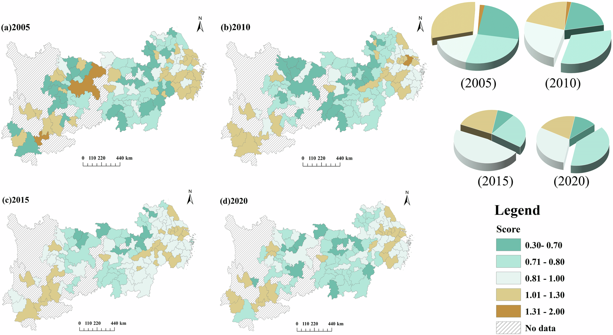 Fig. 6: The spatial and temporal distribution of ULGUE in the YREB.