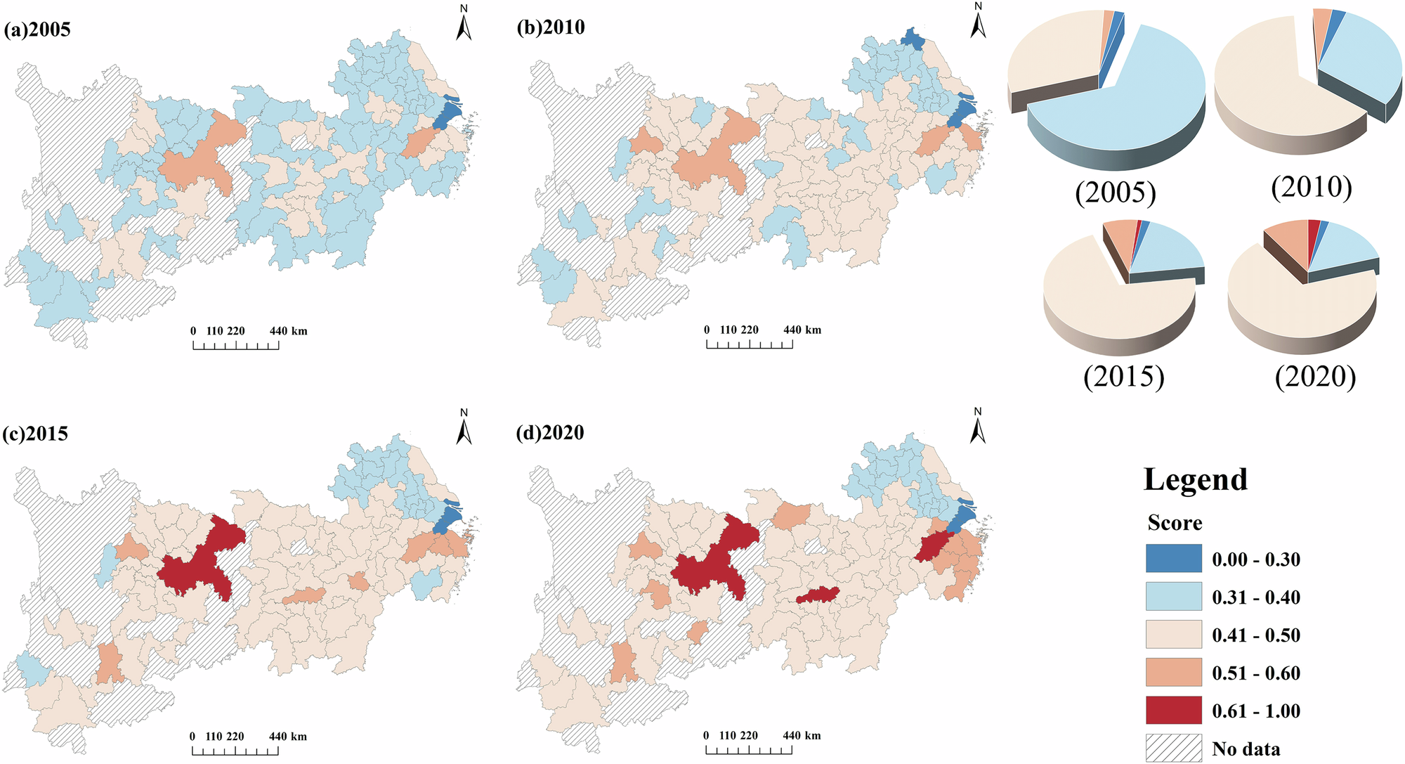 Fig. 8: The spatial and temporal distribution of CCD in the YREB.
