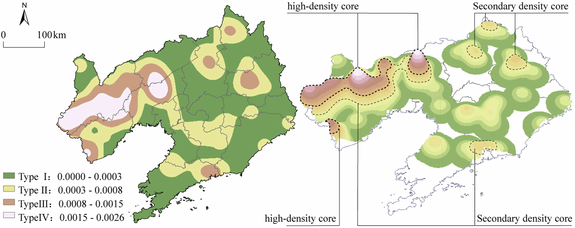 Fig. 5: Kernel density of traditional villages in Liaoning province.