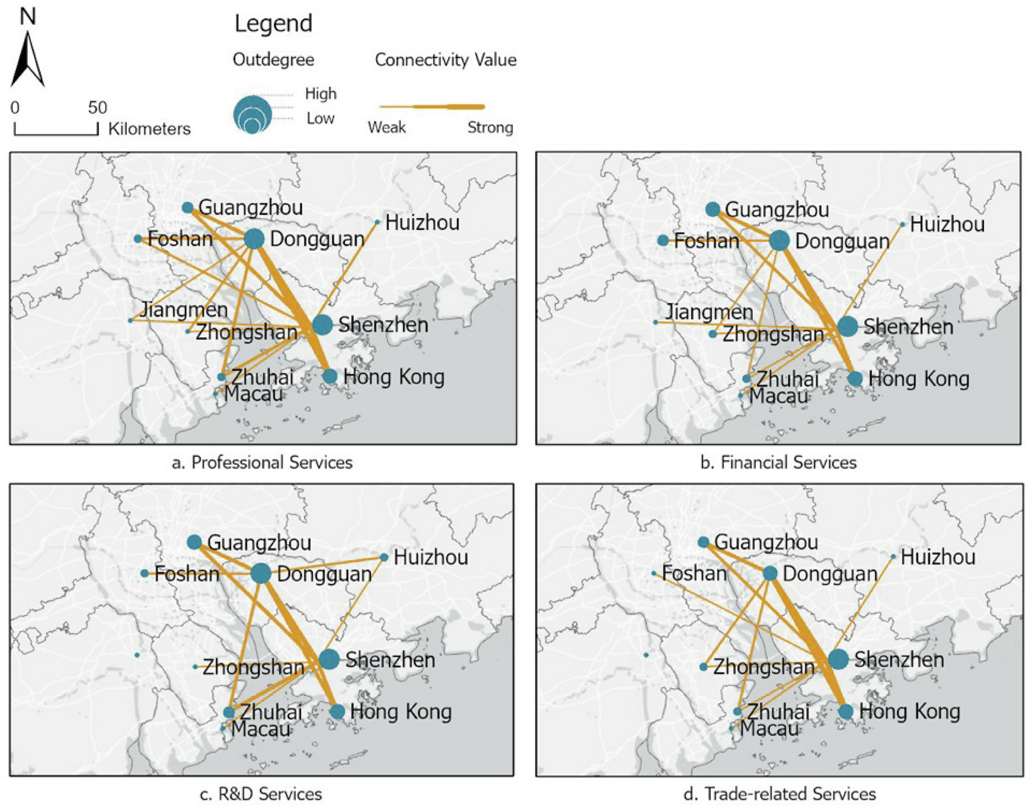 Fig. 3: Economic transactions between high-tech industries in Shenzhen and Dongguan and various kinds of knowledge-intensive producer services within the GBA.