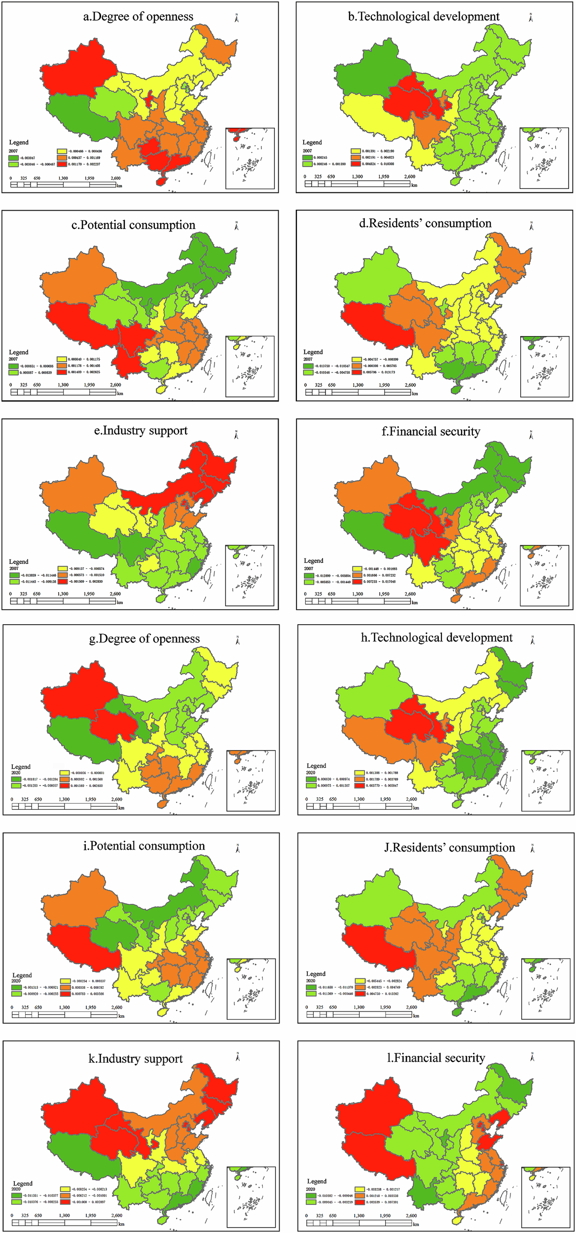 Fig. 3: The spatiotemporal pattern of the influencing factors of the coupling and coordinated development of the cultural tourism supply[1]demand-support system from 2007 to 2020.