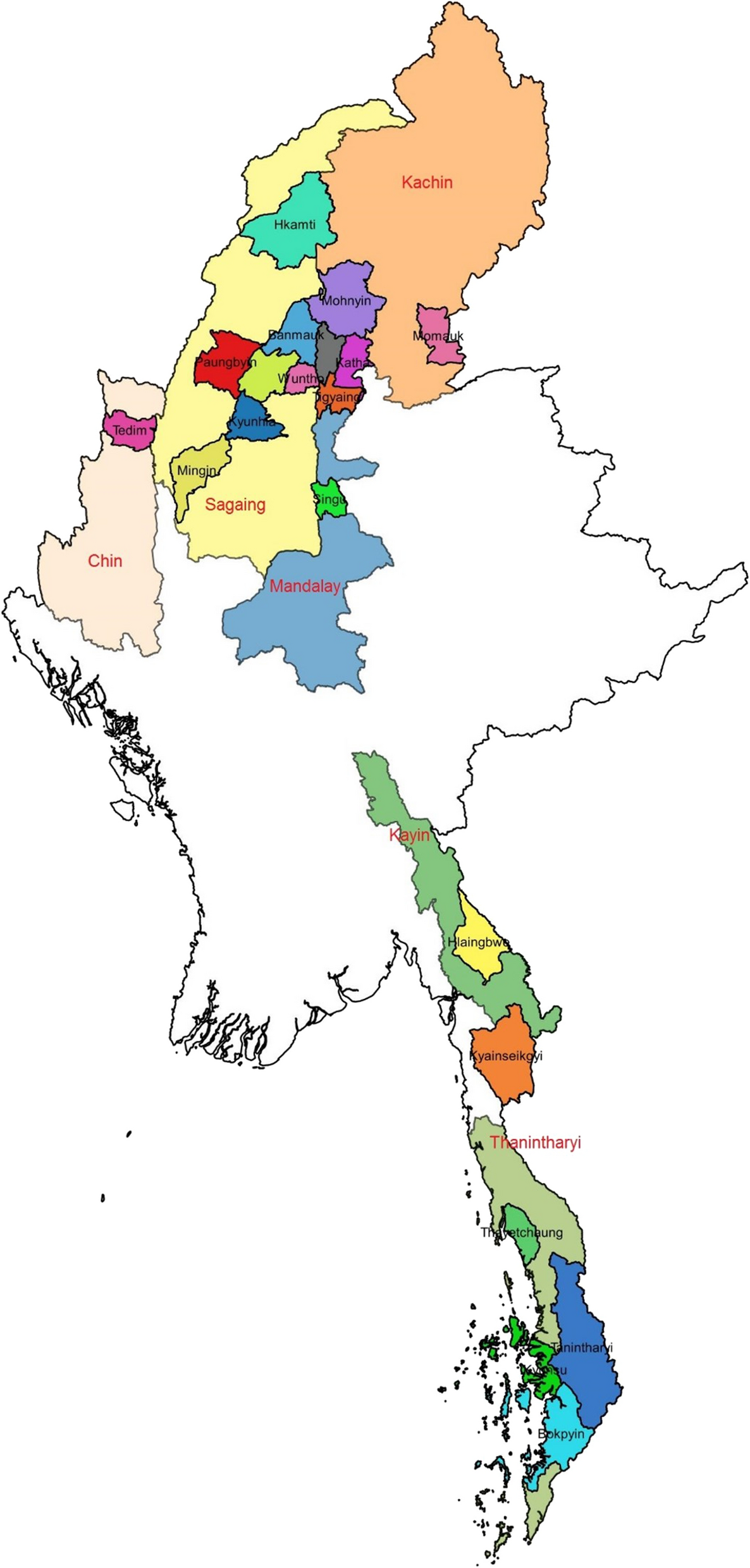 Fig. 2. Map showing 20 study townships in 6 states and regions of Myanmar