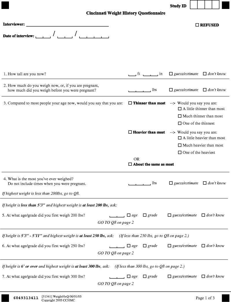 Validation of a Weight History Questionnaire to Identify Adolescent ...