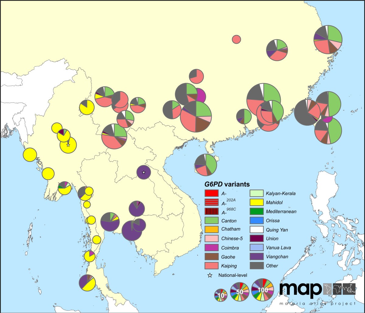 Spatial distribution of G6PD deficiency variants across malariaendemic