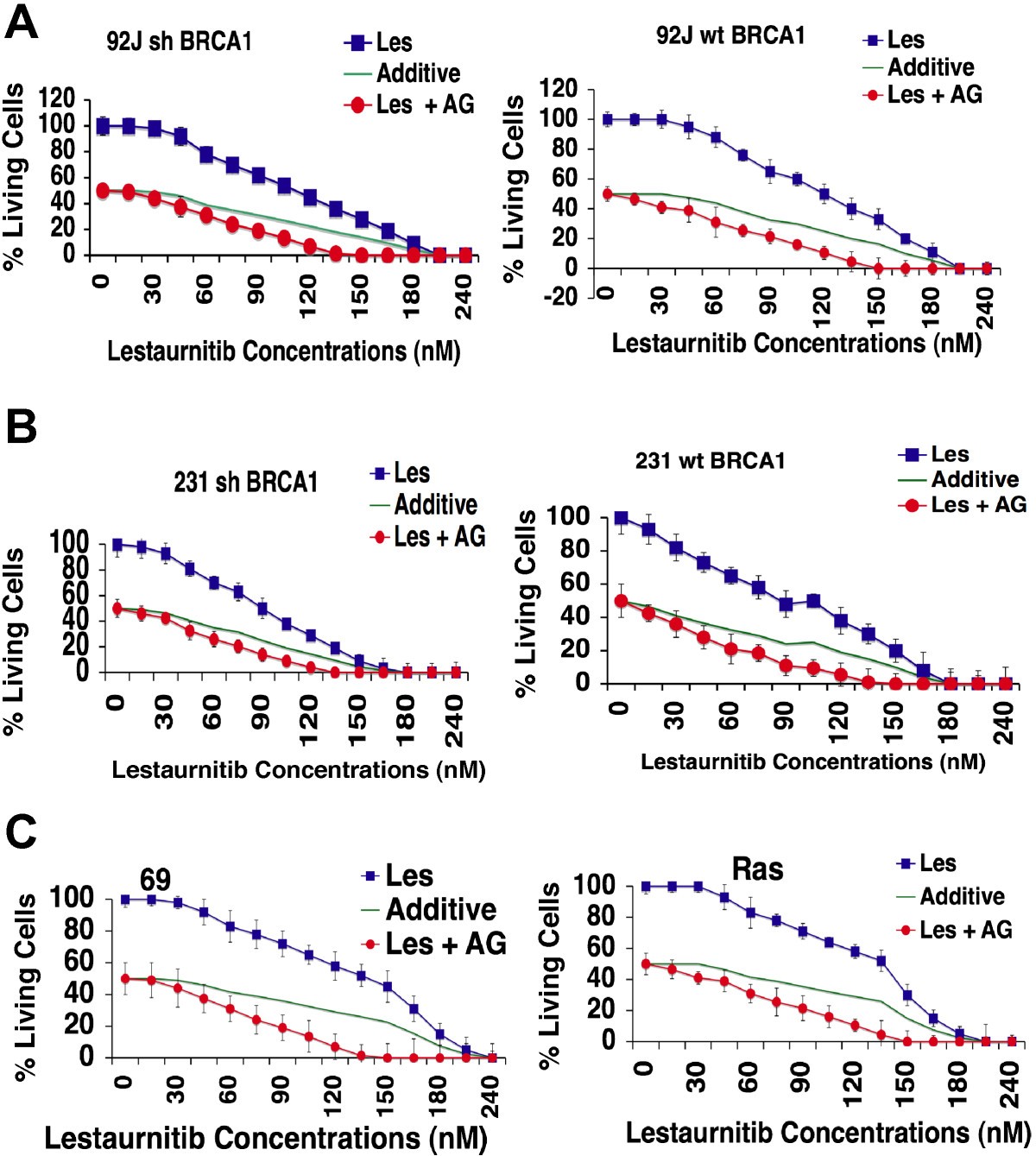 Synergistic effect of lestaurtinib with AG14361 on 