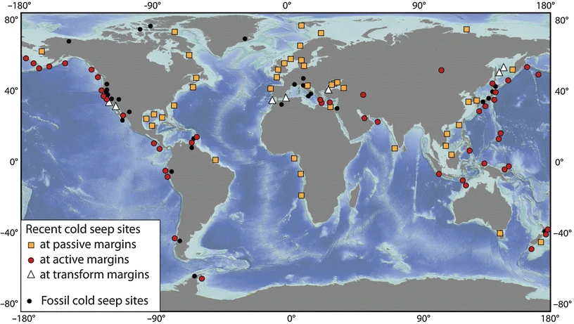Global map showing seep locations at passive (orange squares) and active (red circles) margin sites. Locations along transform faults are denoted by white triangles. Seep locations based on compilations from Suess (2010), Campbell (2006) and Römer (2011).