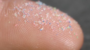 Mikroplastikpartikel auf einem Finger