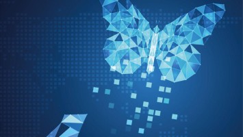 Illustration eines Schmetterlings als digitales Netz vor blauem Hintergrund