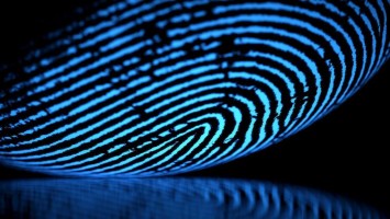Fingerabdruck vor schwarzem Hintergrund mit Spiegelung