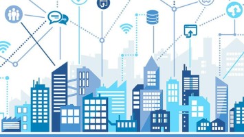 Illustrierte städtische Skyline mit Icons für Kommunikation, Digitalisierung und Sicherheit