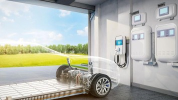 Illustration einer Wallbox und eines E-Autos in einer Garage