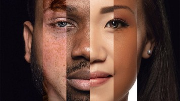 Diversity: Montiertes Porträt eines Gesichts aus Mann, Frau und unterschiedlichen Generationen