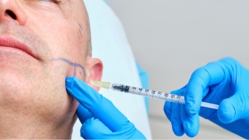 Mann erhält eine Spritze im Gesicht