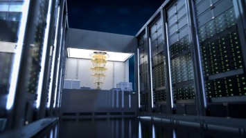 Beleuchteter Serverraum mit Reihen von Hochleistungsrechnern und LED-Lichtern.